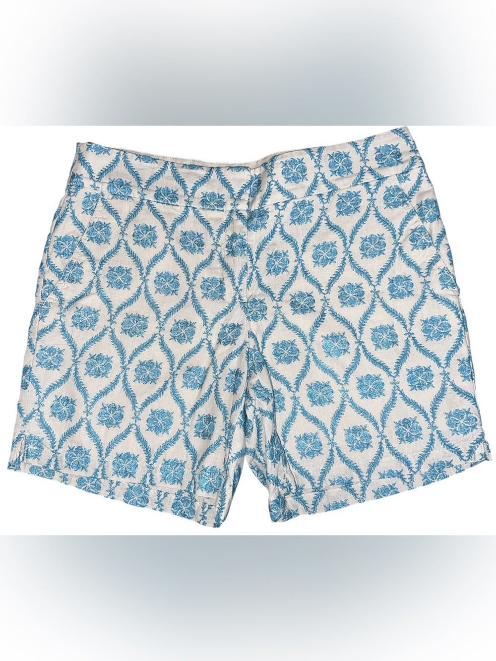 Ann Taylor LOFT Womens Riviera Shorts Beige Blue Embroidered Geometric Sz 2